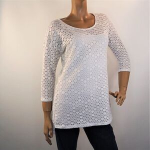 Peck And Peck White Tunic Top Cutout Pattern Stretch 3/4 Sleeve Lined Sz Small